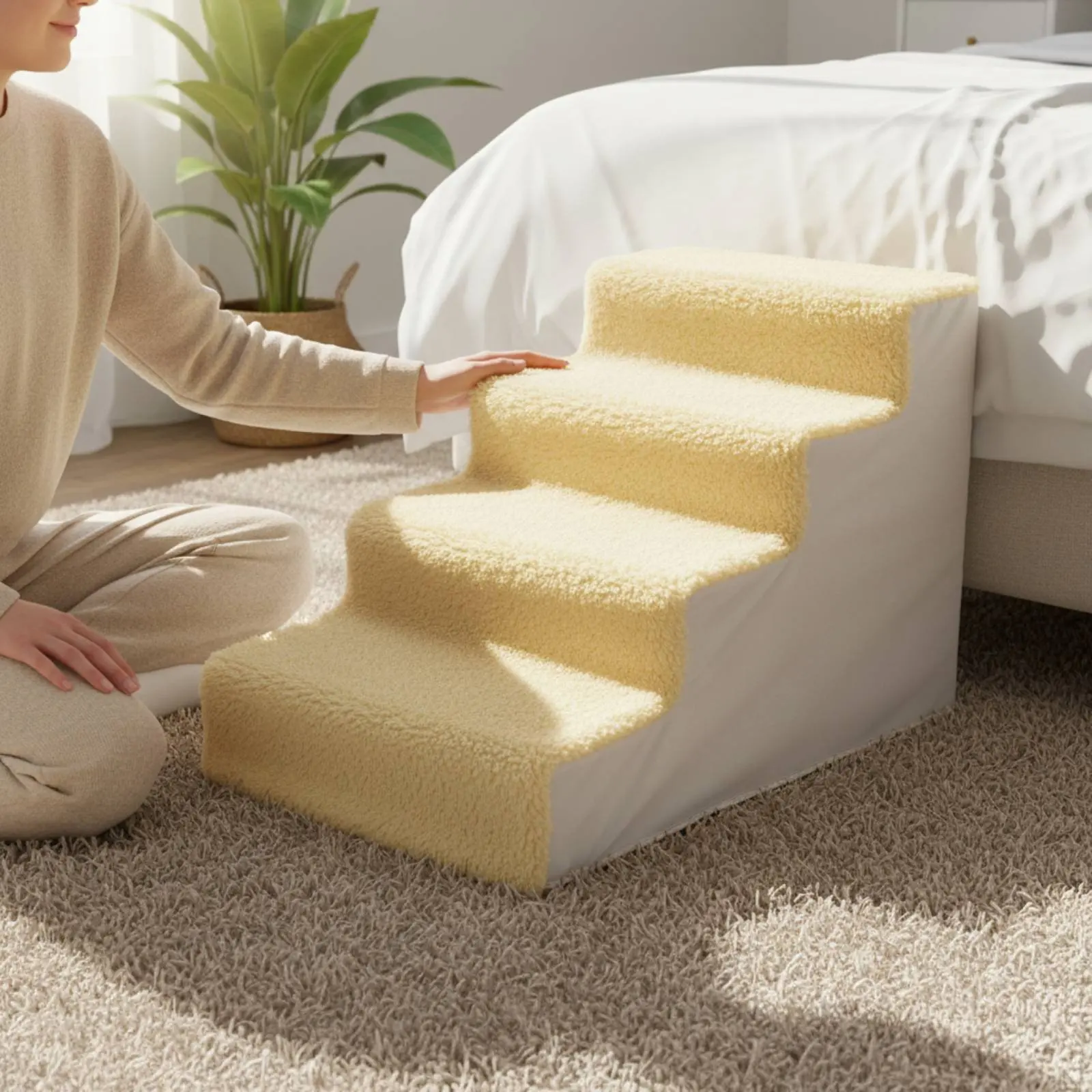 4段ペット用階段-工具不要の設置-犬用ベッドステップ-滑り止めペット用はしご-洗濯機で洗えるカバー-ソフトな猫用クライミングラダー