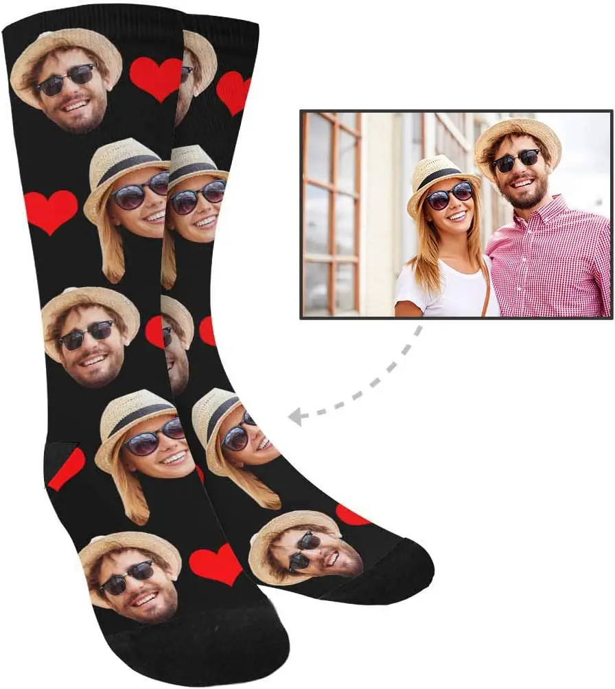 Custom Photo Couple Girlfriend Face Socks Love Heart Crew Socks with 2 Faces for Men Women One Size