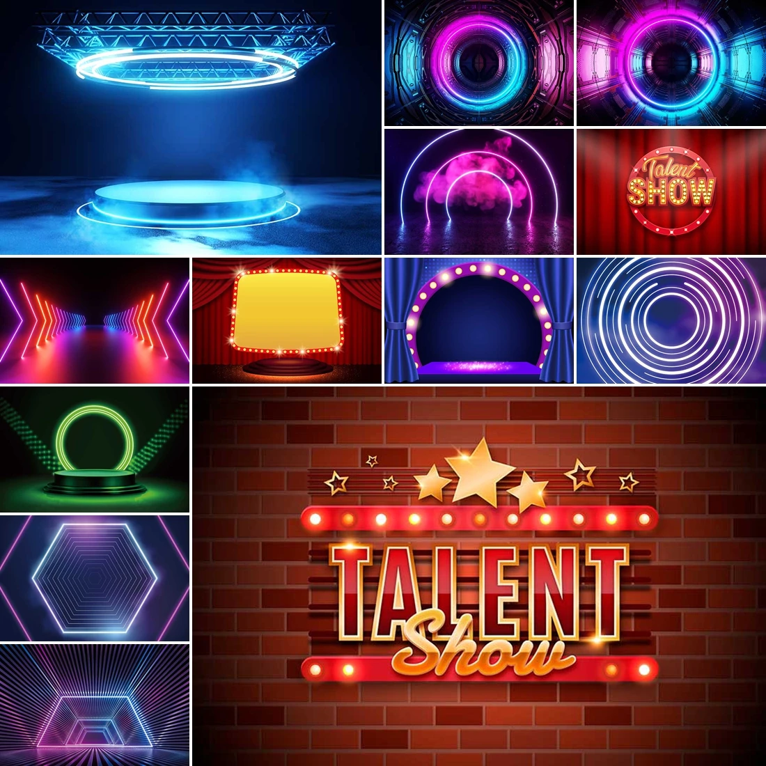 

MOON.QG Sci - Fi Talent Show Stage Photo Background Neon Tunnel Red Curtains Circular Backdrop Photography Accessories Poster
