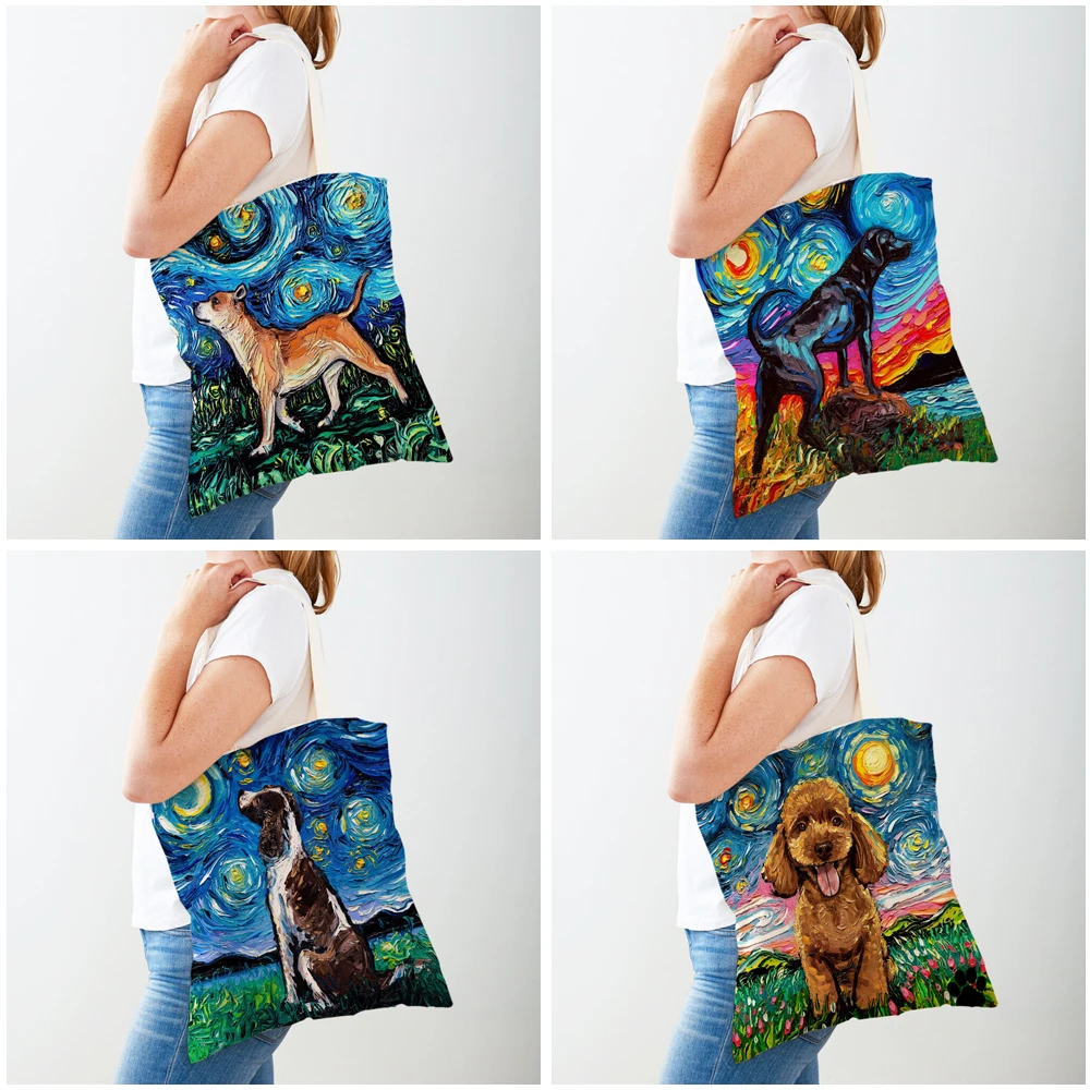 Van Gogh Starry Sky Dog Oil Painting Tote Handbag Fashion Animal Shopper Bag Both Sides Casual Canvas Cloth Women Shopping Bags