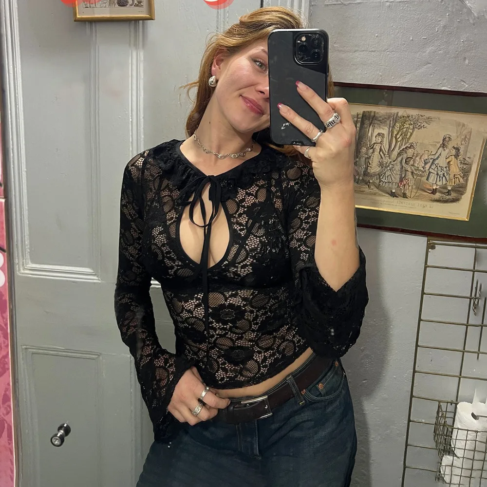 

Apprabant Women 2025 Autumn Lace Hollow Out Sheer Long Sleeve Top Sexy Flared Slim Fit Blouse Trendy Streetwear Fashion Outfit
