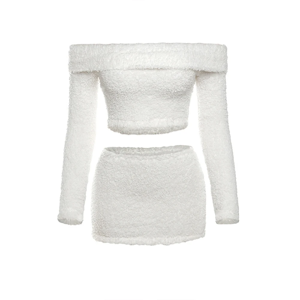 Solid White Plush 2Piece Set Women Autumn Sexy Long Sleeved Off The Shoulder Collar Short Top+Elastic Mini Tight Skirt Party Set