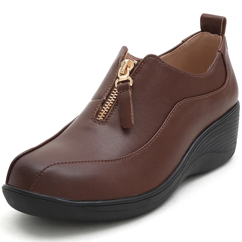 

GKTINOO/2022, осенняя новая женская обувь на танкетке из натуральной кожи с глубоким вырезом, мягкая женская обувь с круглым носком и молнией спереди, женская обувь для мам, большие размеры