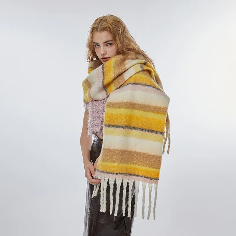 

Winter Imitation Cashmere Yellow Striped Soft Scarf Fashion 2023 Women's Korean Contrast Striped Fringed Keep Warm Long Shawl