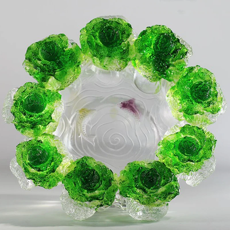 Premium Colored Glaze Cabbage Bowl Embossed Little Fish Money Holder Rich Fengshui Ornament Home Wine Cabinet Auspicious Decor