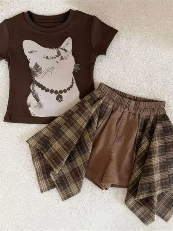 

Girls Summer 2026 Comfortable Fashion Short Sleeve Set Casual Cartoon Top Plaid Skirt Set Breathable Cotton round Neck T-shirt