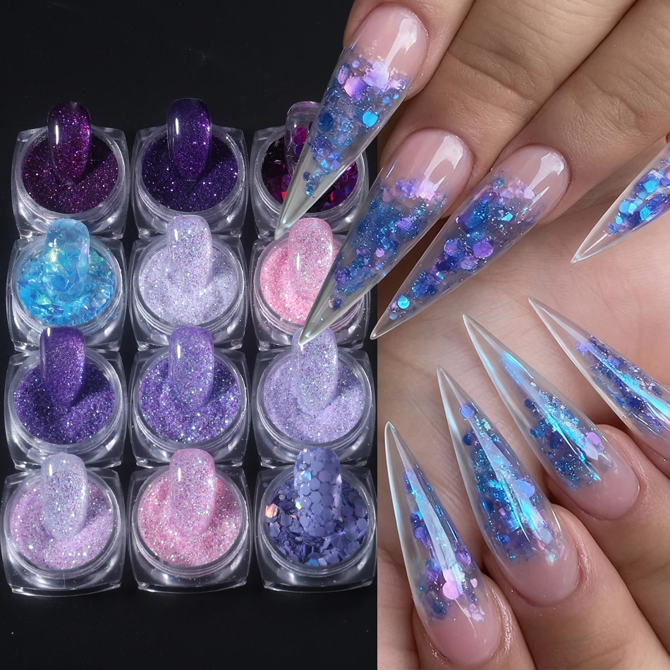 12 قطعة سلسلة الأرجواني الوردي مسمار بريق المجسم مختلط تألق السكر مسحوق الأظافر القلب مسدس رقائق لامعة مانيكير ديكور #1