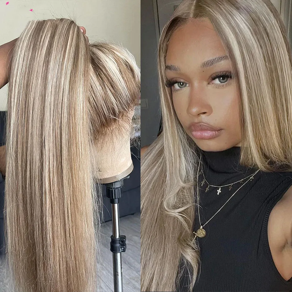 Highlight Ash Blonde Long Straight 13x4 Synthetic Lace Front Wig, 24Inch Heat Resistant Glueless, Comfortable for Women Daily