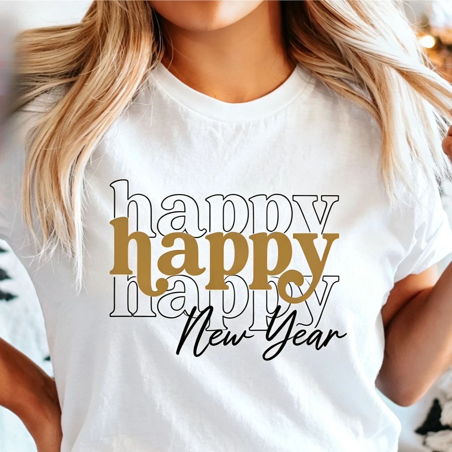 Happy Happy Happy New Year T Shirt Retro Stacked Lettering Graphic Tee Holiday Party Top New Years Eve Gift Women Casual Tee
