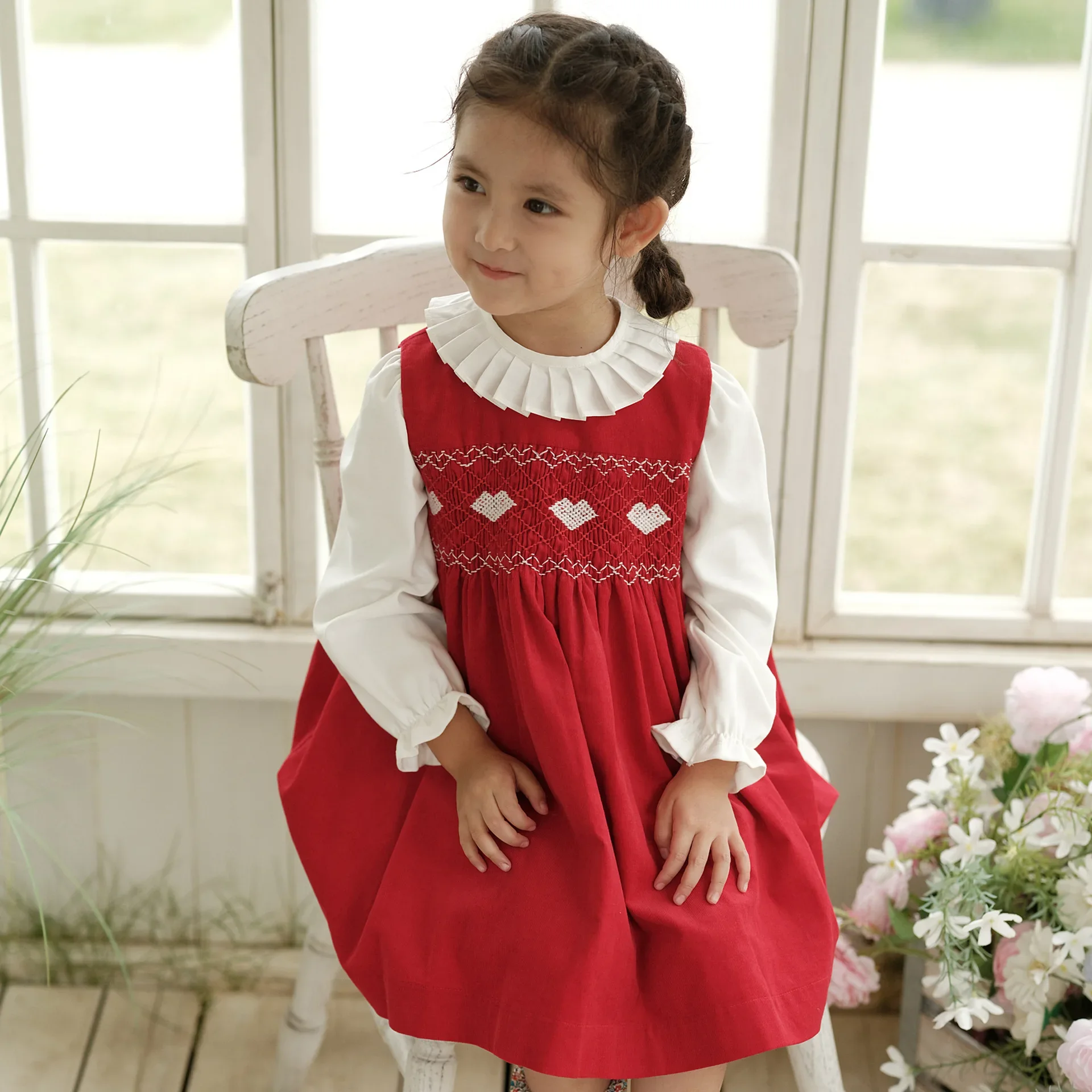 Icjaehao Girls Dress Baby Vest Skirt Dresses Smocking Long Sleeve Sweet Wrap Princess Children's Clothing Smocked Newborns Red