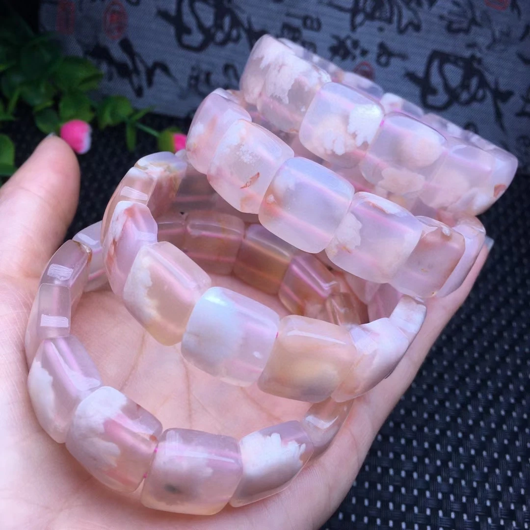 

Natural Pink Cherry Agate Gemstone Beads Bracelet Woman Men Stretch 14x14mm Crystal Rectangle Bead Bangle AgateBracelet AAAAAA