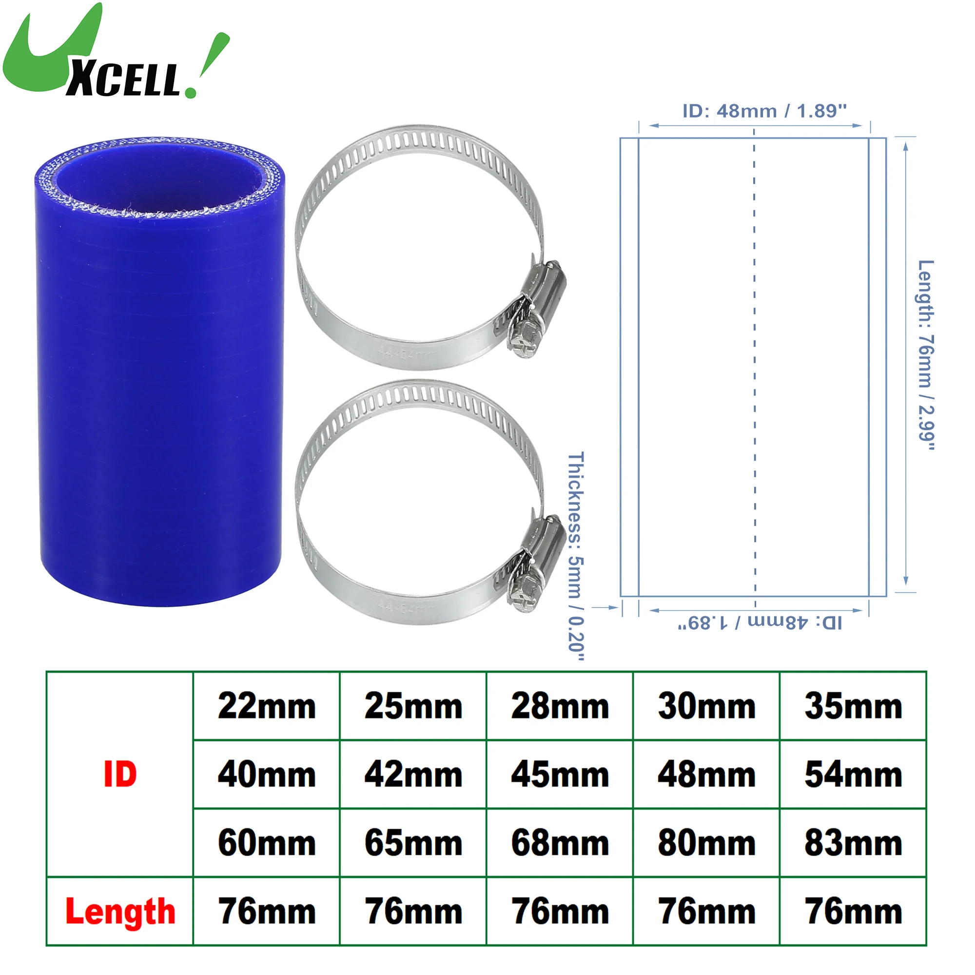 

UXCELL 22mm 25mm 28mm 30mm 35mm 40mm 42mm 54mm 65mm 83mm ID Car Straight Silicone Hose Coupler Intercooler Tube w/ Clamps