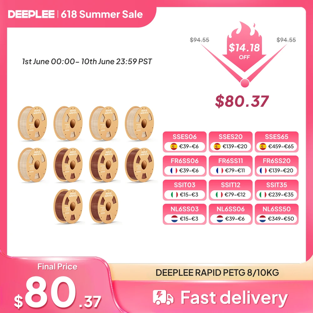Filament PETG DEEPLEE 10KG à séchage rapide 1,75 mm pour Neptune 4 Plus/Max, haute résistance aux chocs, filament PETG pour impression 3D 10KG