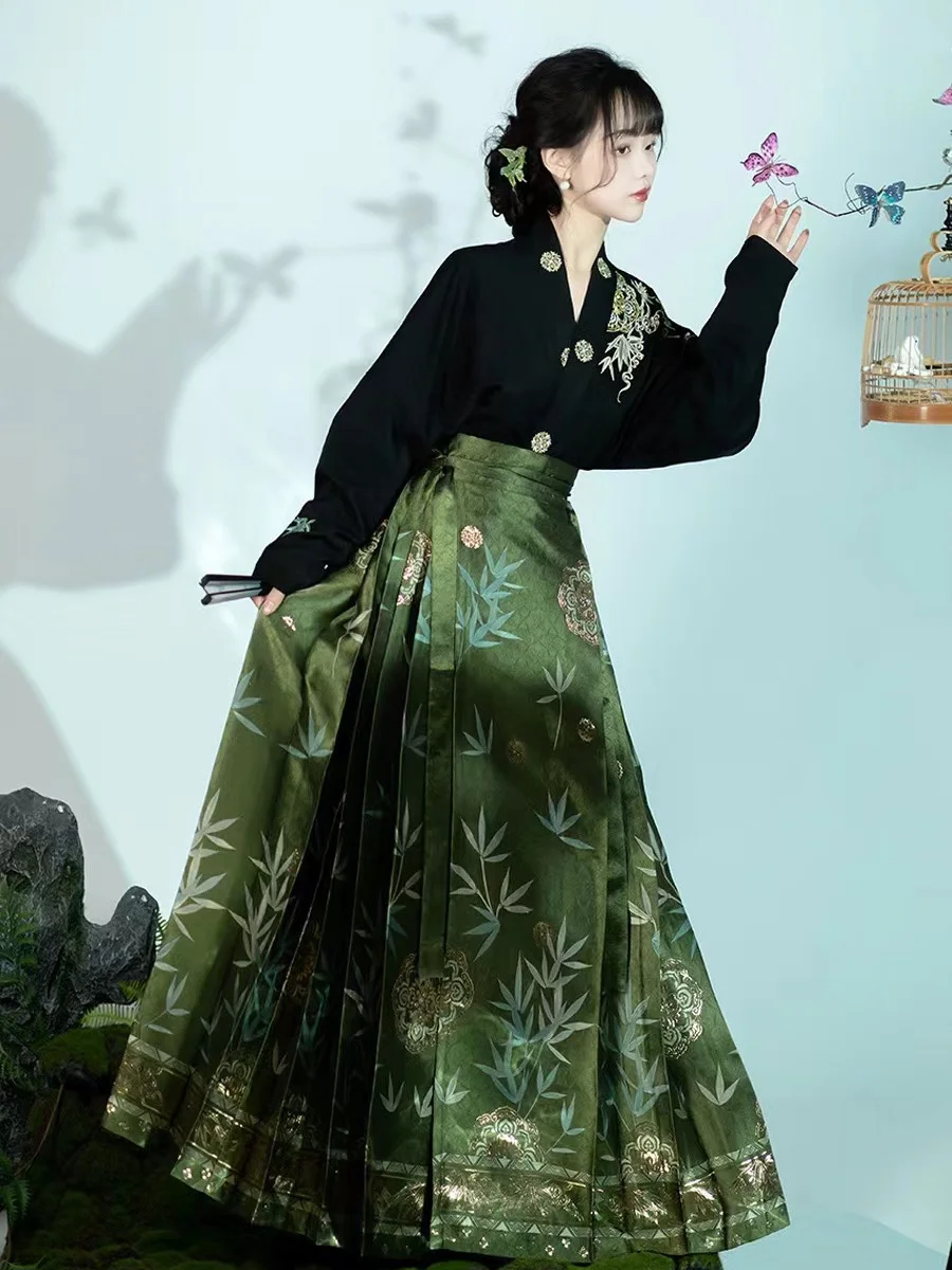 Original Saia Hanfu Traje Estilo Chinês Mamianqun Ming Dinastia Tecelagem Ouro Cavalo Face Saia Vestido Chinês