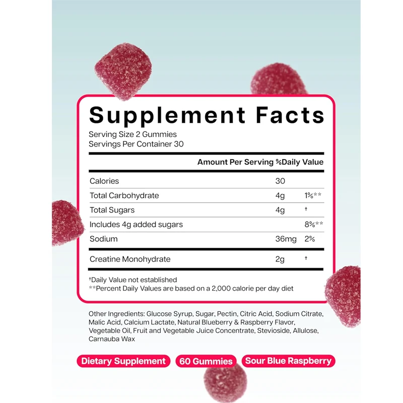 Creatine gummies - high-purity acid blue raspberries - chewable gummies for muscle strength and energy enhancement