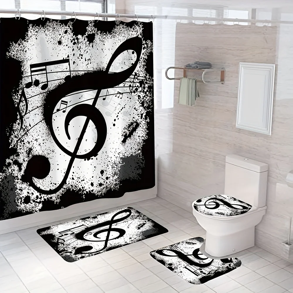 

Elegant Musical Notes and Treble Clef Bathroom Set - Waterproof Shower Curtain, Toilet Lid Cover, Bath Mat, and Contour Mat