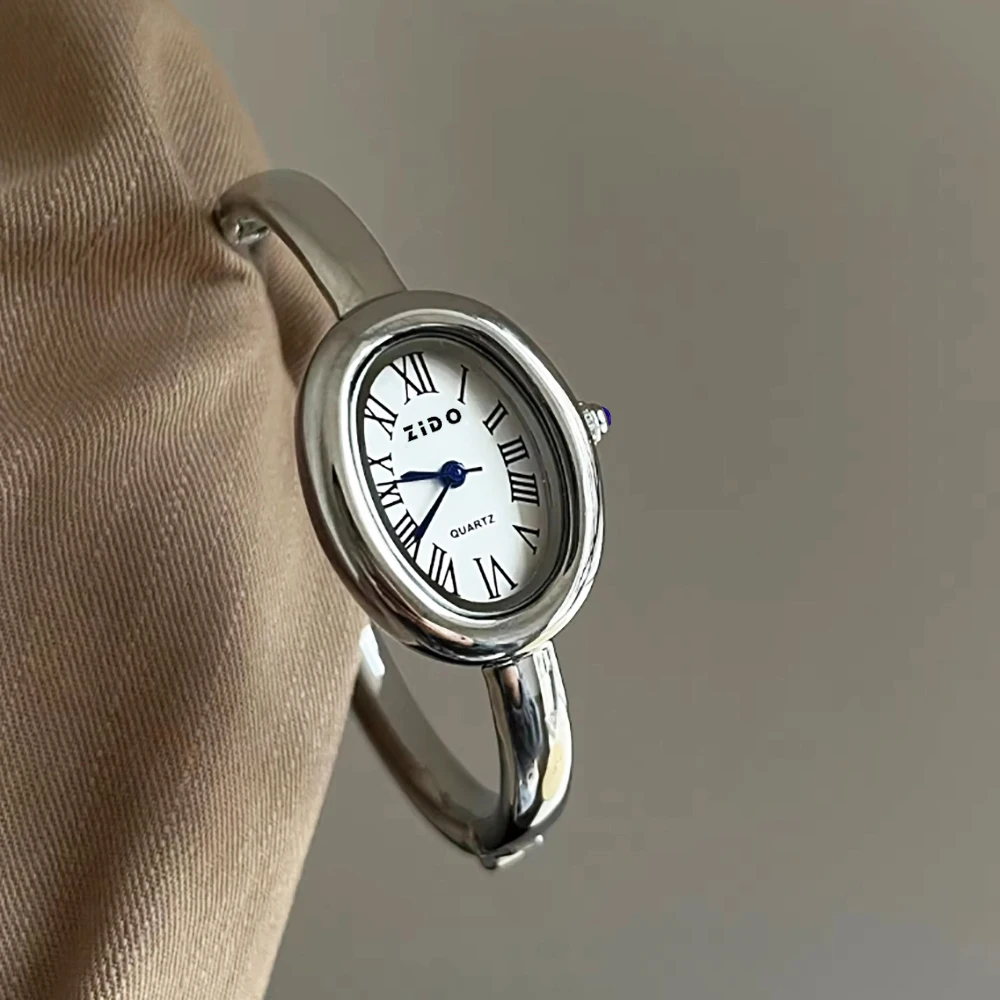 ساعة تناظرية كوارتز كلاسيكية بيضاوية أنيقة للنساء، صندوق حزام ساعة عصري متضمن، هدية مثالية، إكسسوار مجوهرات أنيق