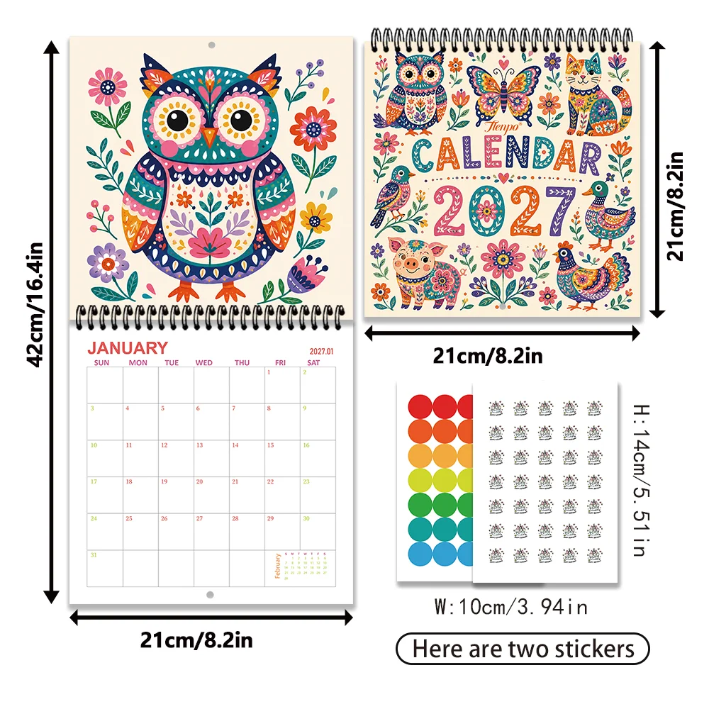 1pc 2027 Wall Calendar, Nordic Folk Animal Theme, 12-month Monthly Planner, Perfect Gift For Birthdays, Christmas, New Year