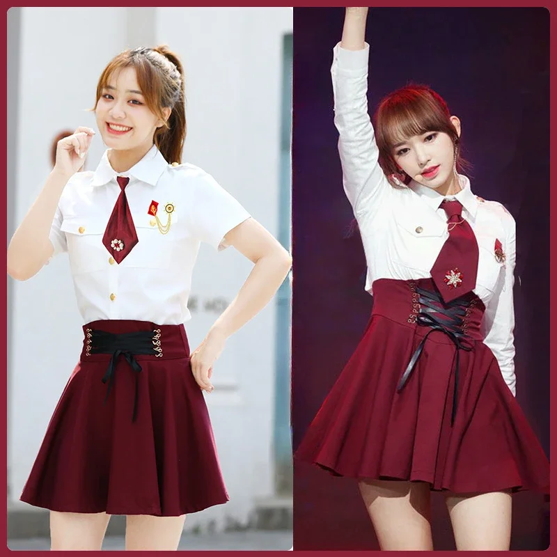 Tenue de séparés euse coréenne pour femmes, costume de danse jazz, chemises blanches, jupes à lacets en Y, vêtements de performance sur scène, groupe de filles Kpop, Y2K