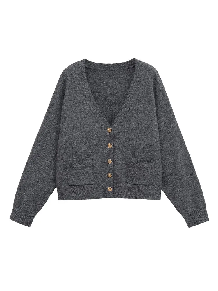 

HH Women's 2025 Autumn Wool Gold Button V-neck Knit Cardigan Sweater Female Elegant Single Breasted Streetwear Casual Jacket