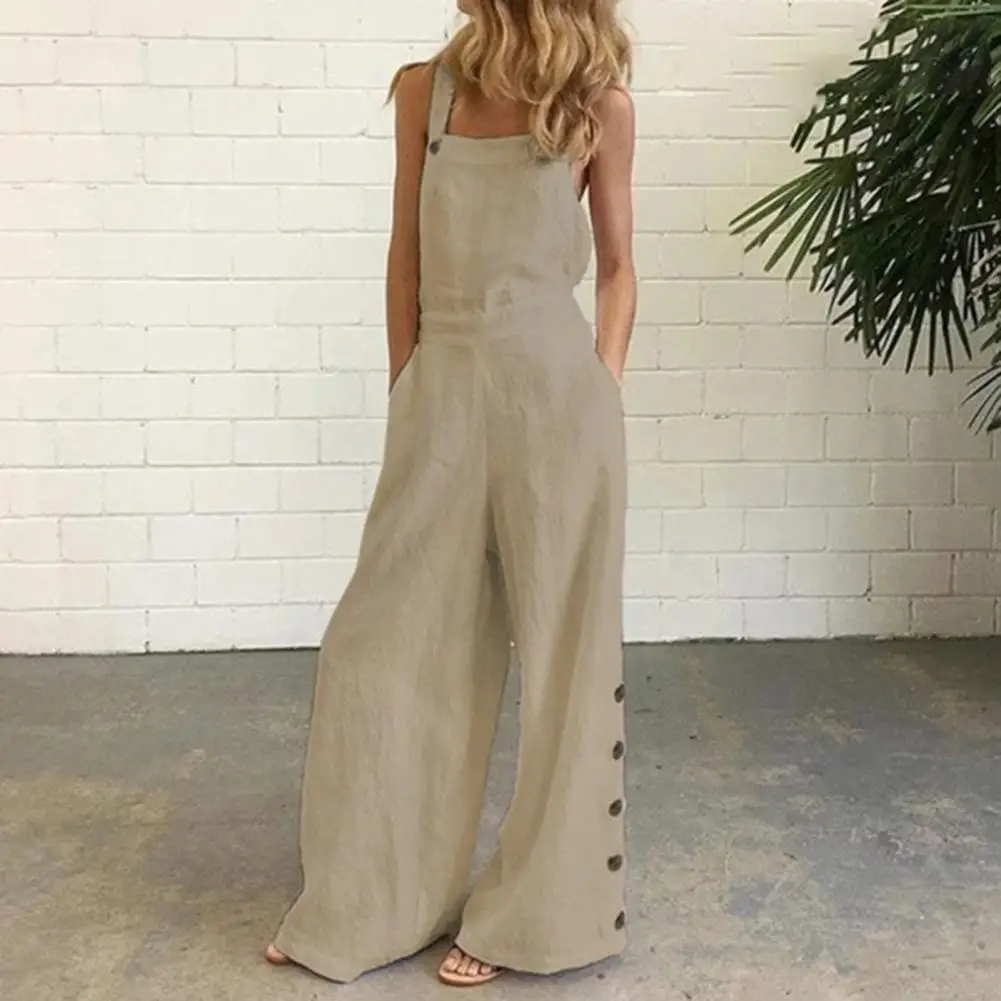 

Color Svel Wide Leg Jumpsuit Women's Pure Color No Sve Low Waist Street Sle Cotton Fabric ort Pants
