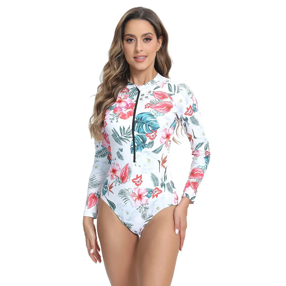 Sexy Zipper Floral Print One Piece Swimsuit Long Sleeve Swimwear Women Retro Surf Suits Rash Guard Beach Wear Bathing Suit New