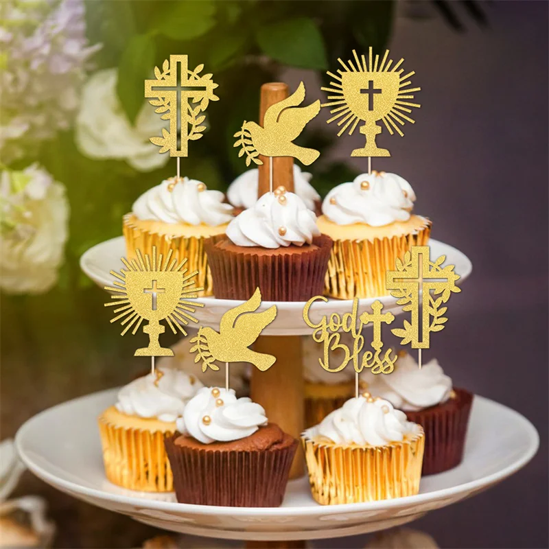 YOMDID 24 Stück Cupcake-Topper mit Kreuzmotiv, glitzernde Cupcake-Picks mit Klebepunkten für Taufe, Feier, Geburtstagskuchen, Dekoration – Detail 10