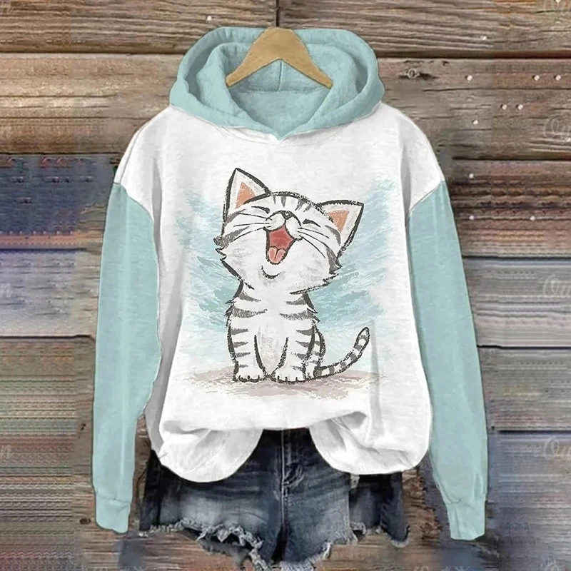 Women\'s Hoodies Funny Kawaii Cat Animals Print Hoodie For Women Sweatshirts Female Clothes Casual Cute Pullover Woman Sweatshirt