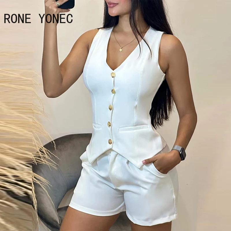 2024 Women Buttoned V-Neck Vest Top & Shorts Set Blazer Women Suits