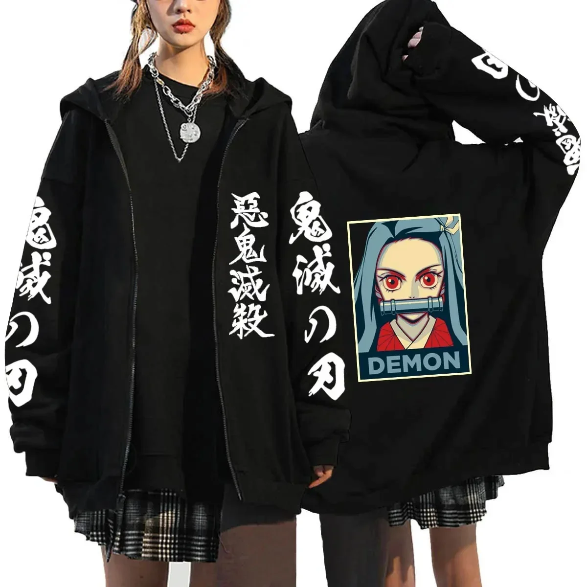 Japanese Anime Demon Slayer Women's Clothing Oversize Zipper Hoodie Harajuku Long Sleeve Fleece Jacket Coat Pullover Sweatshirts