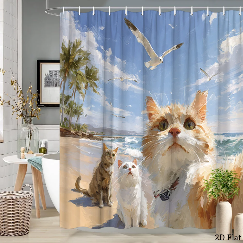 

Cute Beach Cat Shower Curtain Bathroom Decor Tropical Seaside Watercolor Print Curtain 180x200cm
