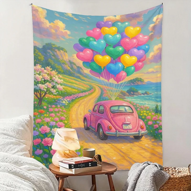 1PC Pink Car Heart Balloon Art Print Backdrop Banner, Bedroom Living Room Photo Background, Polyester, Home Decor, Wall Art
