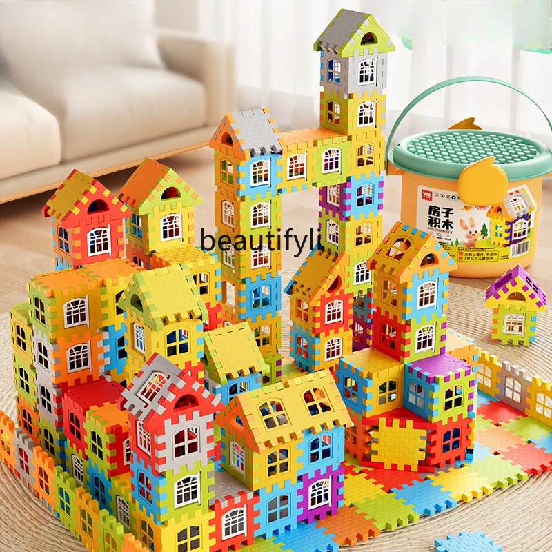 

Children build house building blocks to assemble educational toys, girls and boys big particle blocks birthday gift puzzles