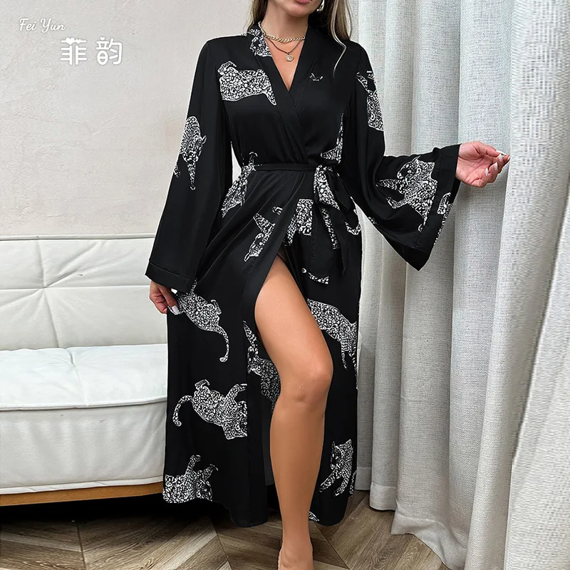 Smooth and Soft Sexy Loungewear , Long Sleeves, Laces, Europe, America,  Cross-border Women's Long Satin Bathrobes, Nightgowns
