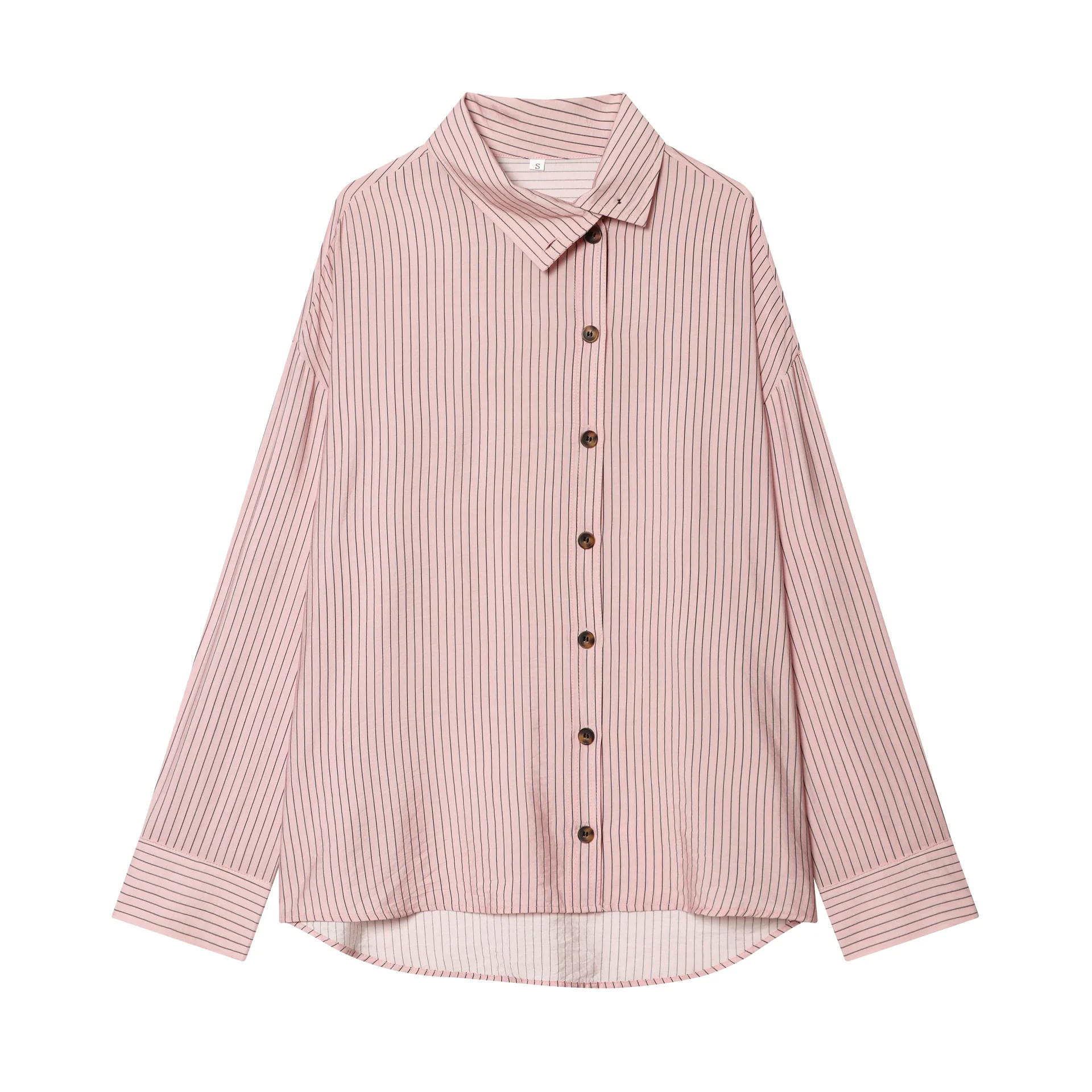 2026 Autumn Women's High Collar Pink Vertical Stripes Long Sleeve Shirt Oblique Single-Breasted Buttons Loose Blouses Tops Navy
