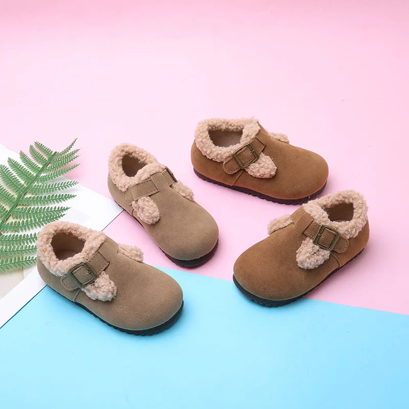 Children's Boots 2-18 Years Solid Color Padded Thickened Boys Girls Cotton Shoes Dark Brown Soft Bottom Non-slip Kids Fur Shoes