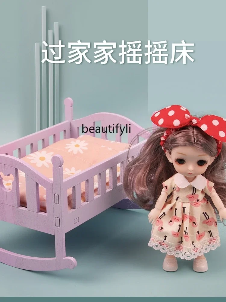 Wooden doll girl bed princess cot cosplay wooden baby crib children play house toys
