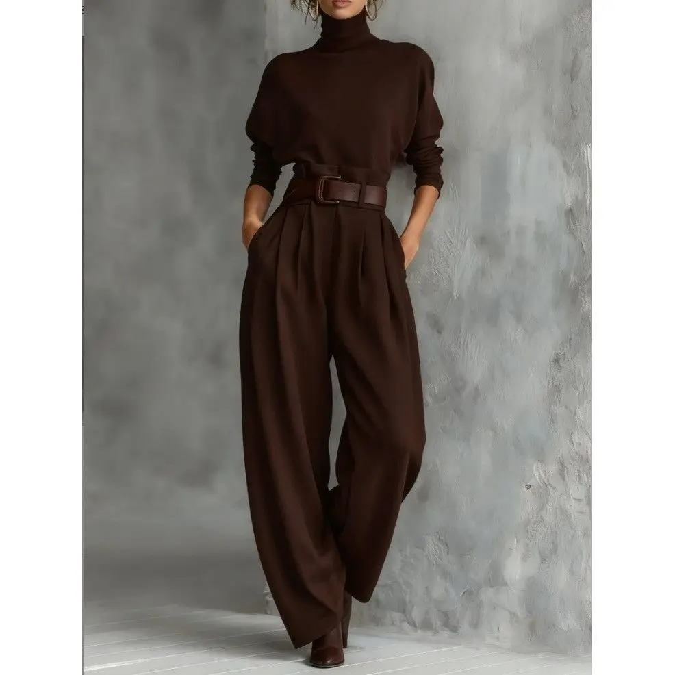 High Waist American Style Ice Silk Suit Pants Set Drapey Fall Winter Fashion Set Women's Long Sleeve Commute Look  Color