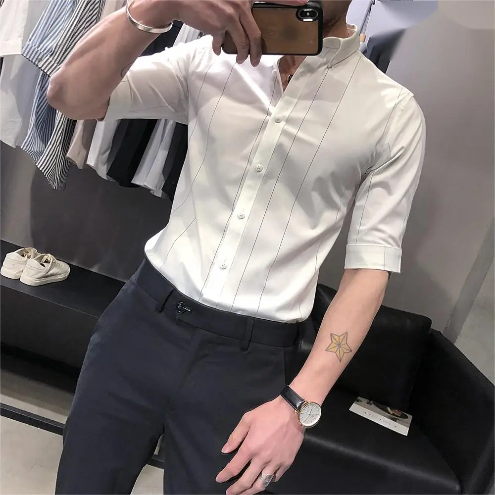

Модная мужская летняя рубашка с полосками, приталенная, белая, на пуговицах, повседневная, молодежная, стильная