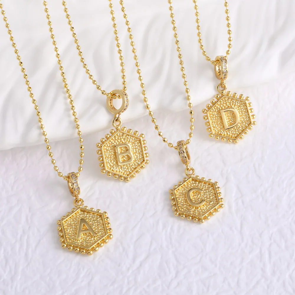 

FLOLA Gold Plated Geometric Initials Necklaces for Women Beads Chain 26 Letters Necklaces Copper Custom Name Jewelry nkeb296