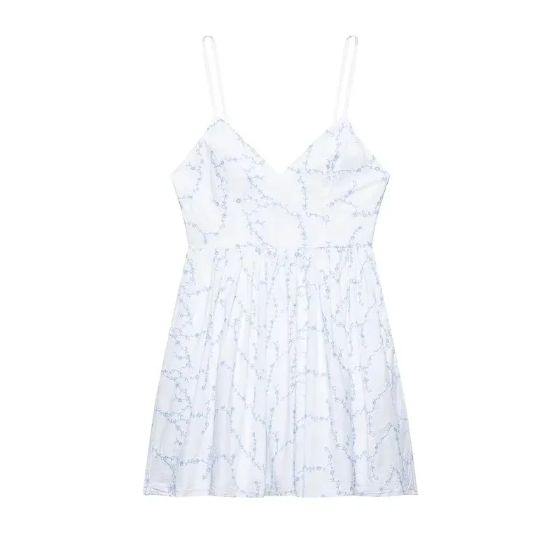 

Summer Elegant Sleeveless Mini Dress Women's Backless V-Neck Embroidery Sling Casual Holiday Dress with Pocket And Side Zipper