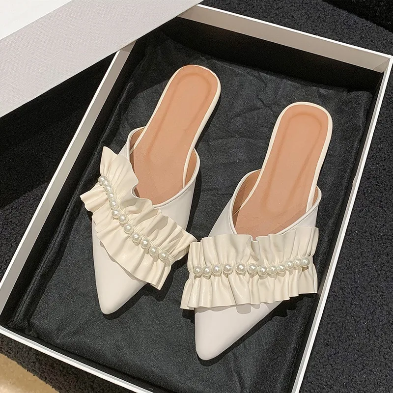 Women Flats Mules Sexy Lace Pointed-toe Pumps Fashion Ruffles Pleats Pearl Sandals Outdoor Slippers Casual Shoes Ladies Loafers