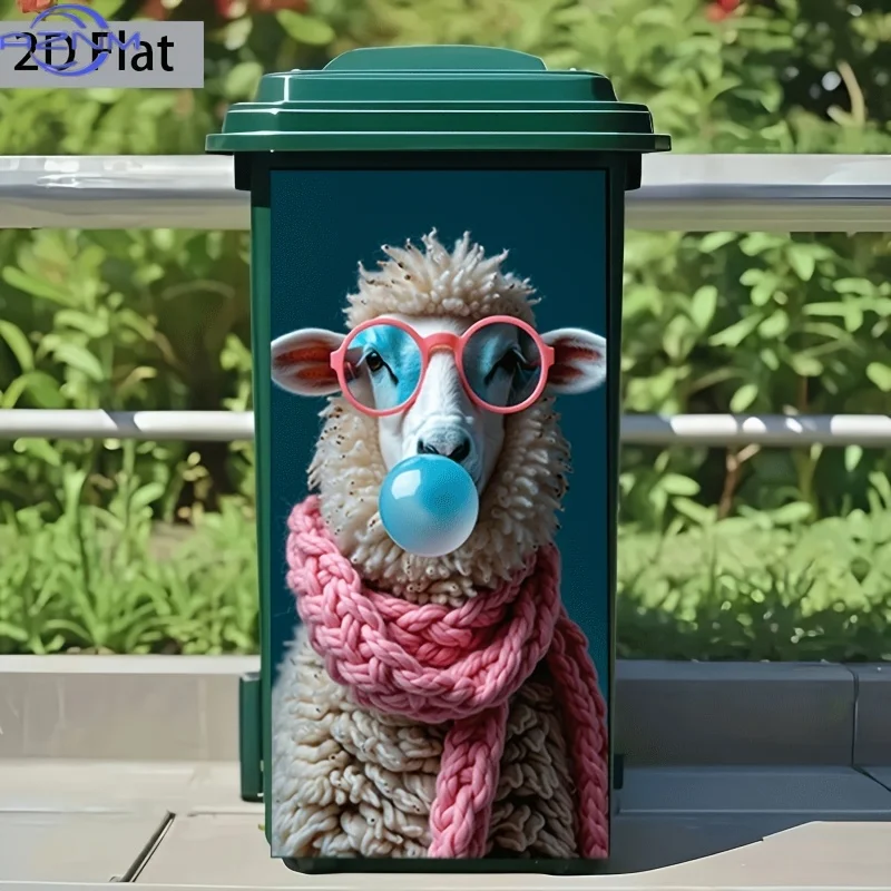 2D Flat Printed 1pc Trash Can Sticker, 37×82cm, Cute Bubble-Blowing Lamb Wearing a Pink Scarf Themed Wall Decal, Self-Adhesive