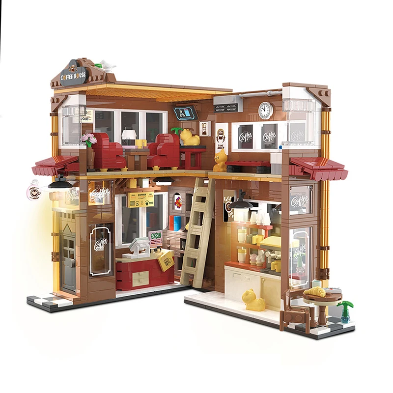 Sujetalibros de construcción de paisaje urbano con Kit de tira de luz, librería de micropartículas, tienda de flores de café, juguete de ensamblaje para regalos de niños