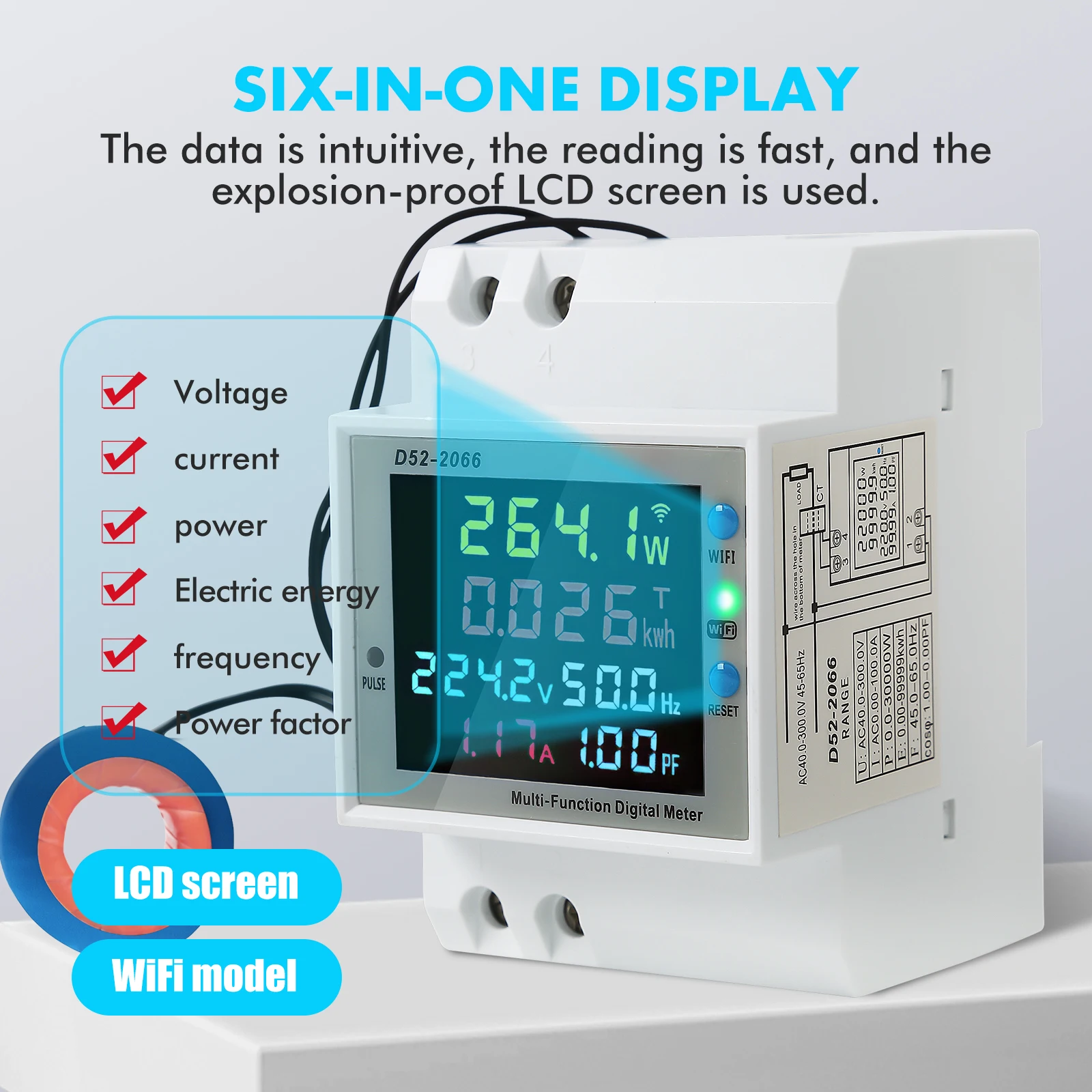 

6 IN 1 WiFi Smart Electricity Meter DIN Rail Energy Meter AC40-300V 100A AC Meter External CT Single Phase Electricity Meter