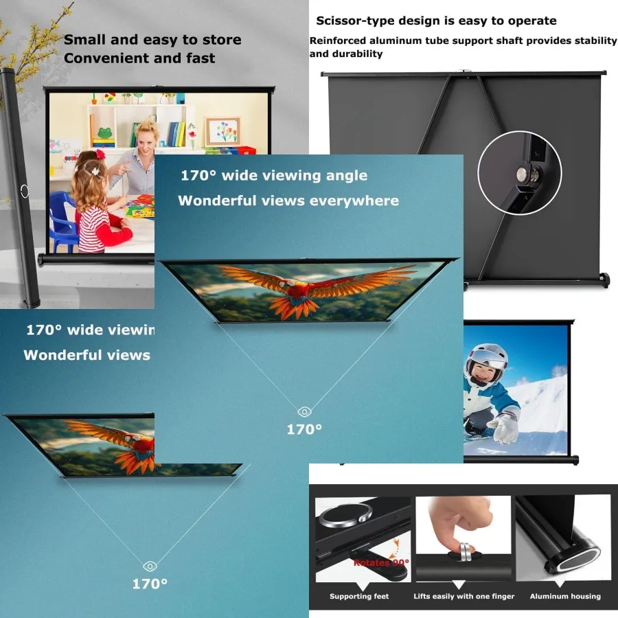 Small Portable Movie Screen for Home Theater, 30/40 in Outdoor Retractable Projector Screen, Mobile Tabletop Screen with Stand