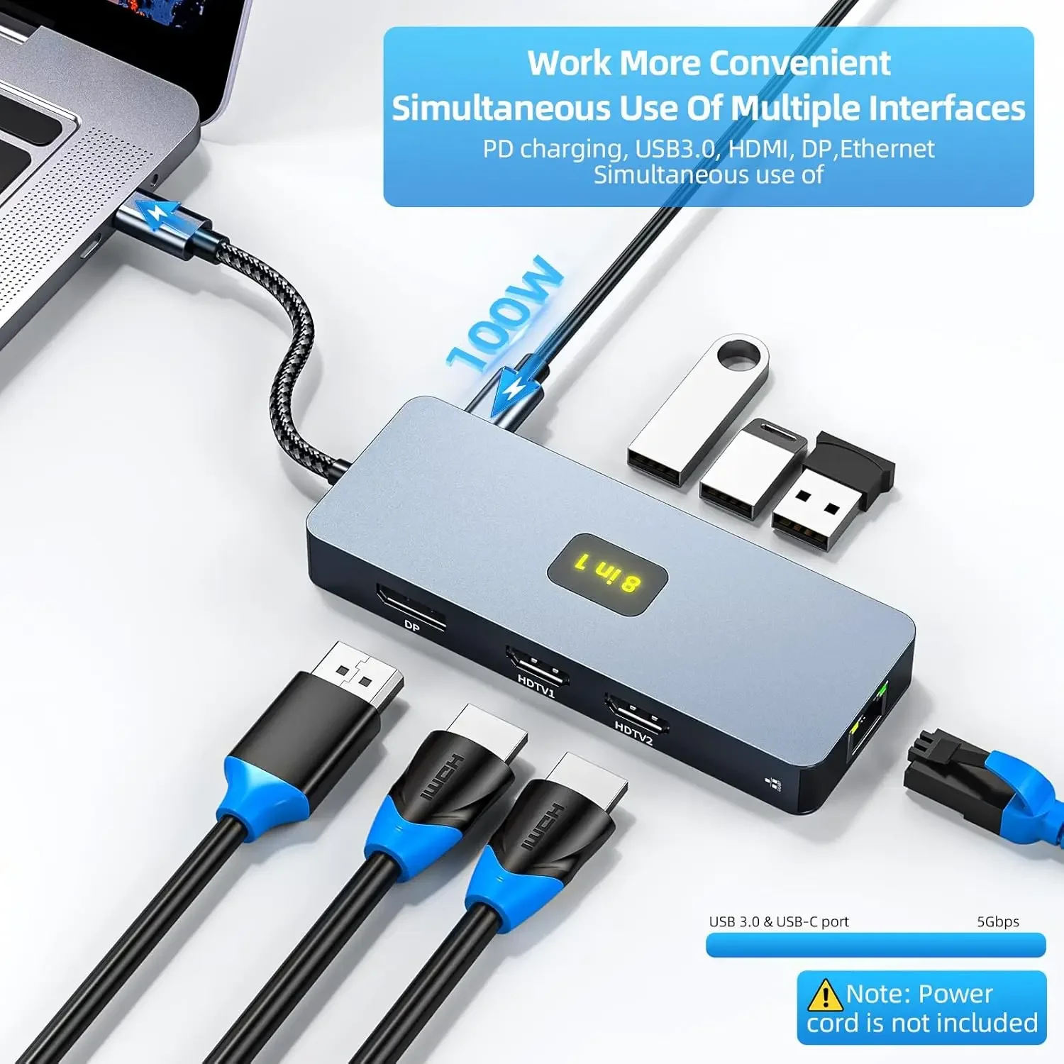 

FC&EC USB-C Hub 8-in-1 with Dual HDMI DP 4K60Hz 100W Power Delivery USB 3.0 Gigabit Ethernet Type-C Multiport Adapter