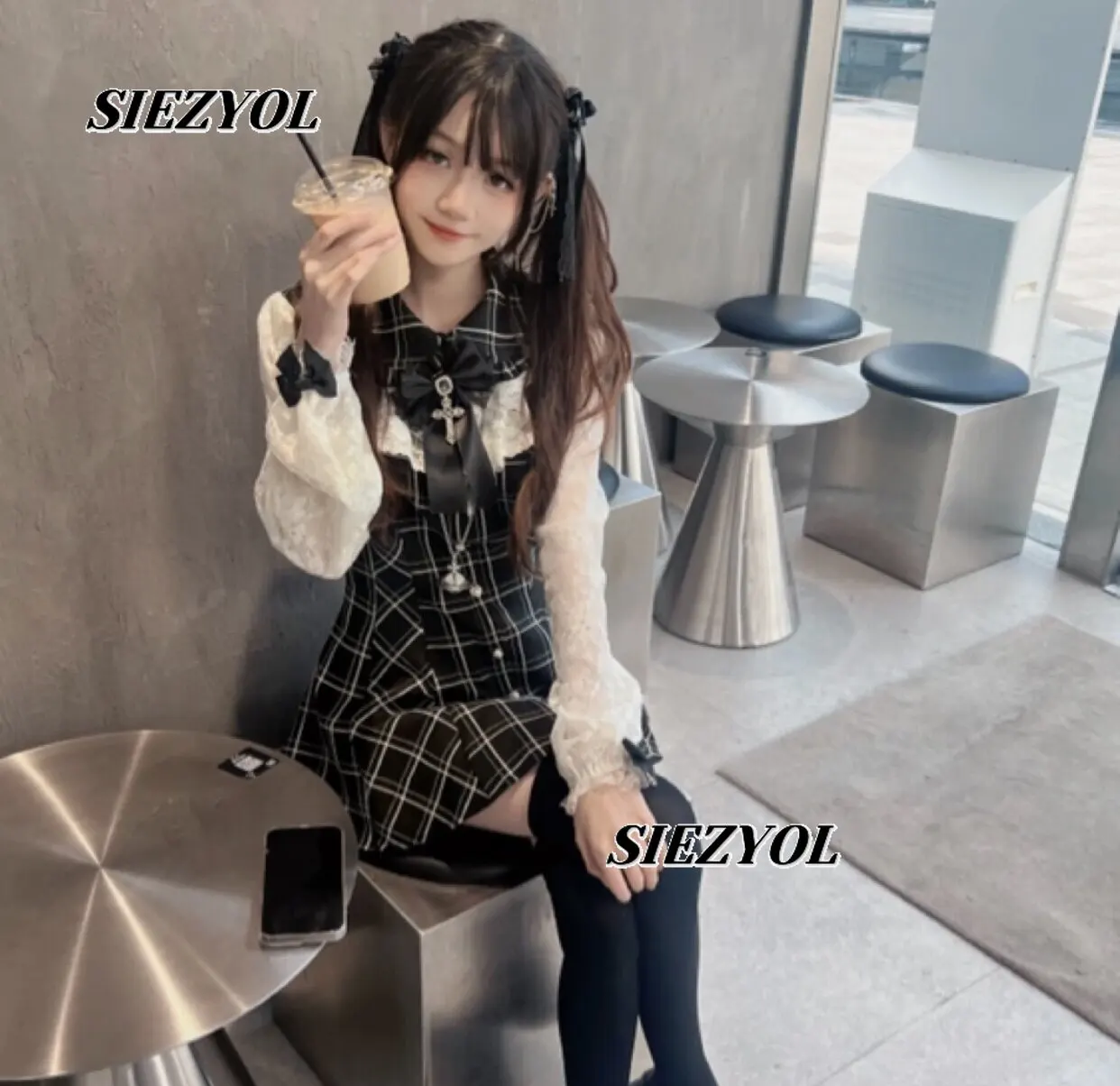 Sc Lolita Dress Set Black White Mass-production Slimming Bow Lace Japanese-style Cinched Waist Bodycon Dress and Shorts Outfits - view 6