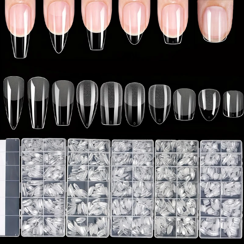 600 morceaux de faux ongles, effet mat et semi-mat, forme de cercueil français en amande, forme carrée ovale aiguille, bout des doigts épais à l'avant