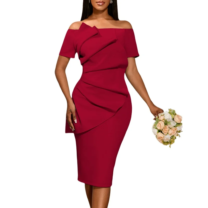Chic Off Shoulder Three-dimensional Pleated Ruffle Slim Knee Length Party Bodycon Dress
